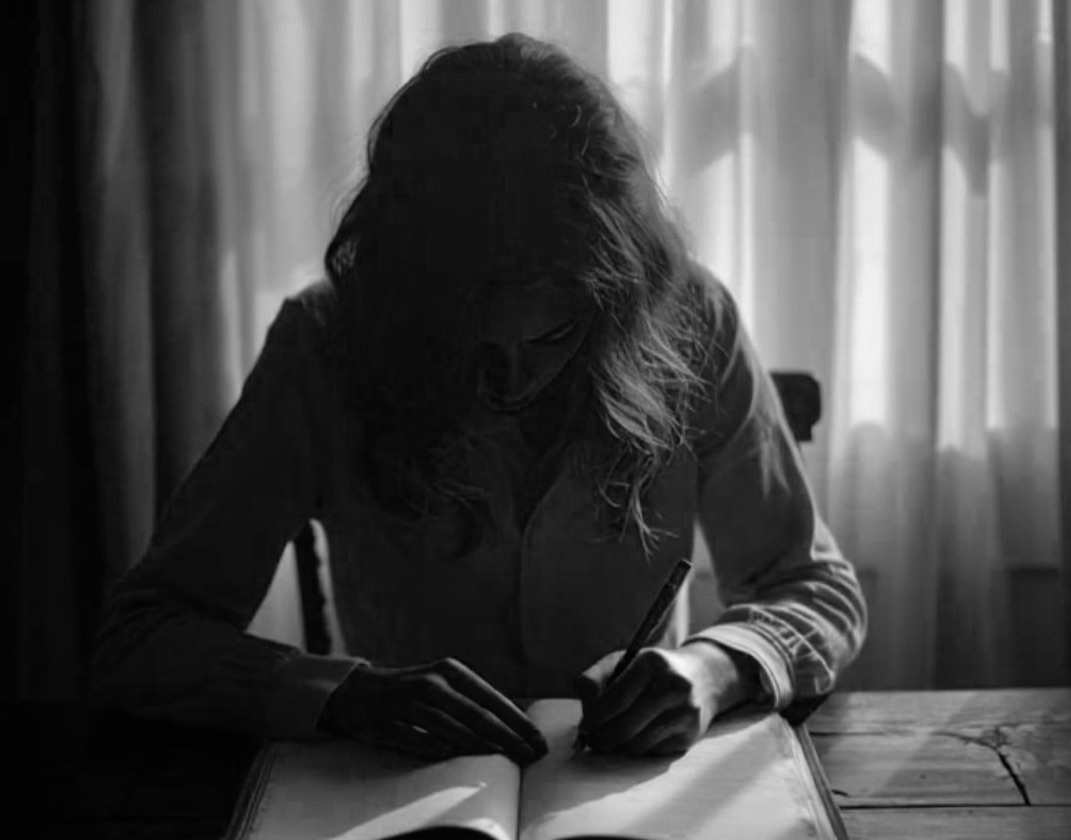 woman writing from behind with sheer curtains 1